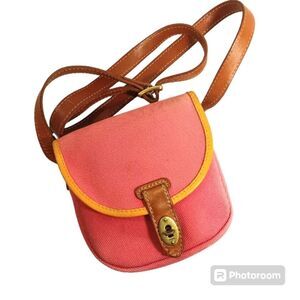 Fossil Austin Small Flap Flamingo Pink Canvas Brown Leather Trim Crossbo…